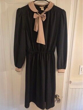 Vintage 1980s Luci Fellini Black Pinstripe Midi Dress Bow Tie Collar